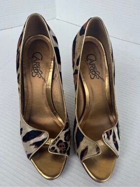 Carlos by Carlos Santana "Bounce" Leopard Calf-Hair Peep-Toe Pumps, Size 7.5M